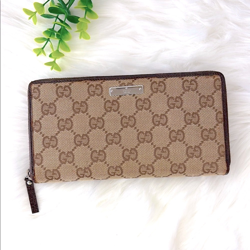 Gucci Beige Brown Monogram Zip Around Wallet